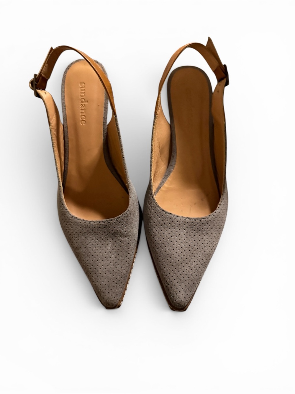 Sundance Taupe Perforated Pointed Slingback Mules